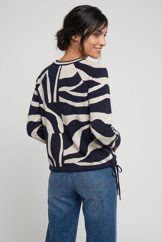 Olsen Ink/Cream Patterned Fine Knit Crew Neck Sweater with Drawstring Hem