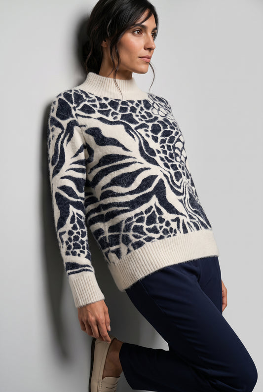 Olsen Ink & Cream Patterned Turtleneck Sweater Soft Polyamide Cotton Blend