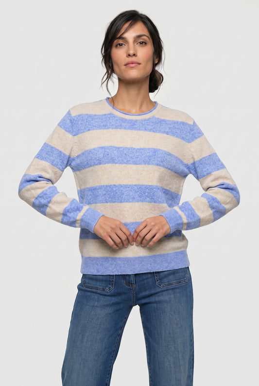 Olsen Cobalt & Beige Bold Stripe Viscose Blend Soft Feel Sweater