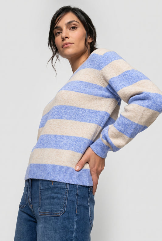 Olsen Cobalt & Beige Bold Stripe Viscose Blend Soft Feel Sweater