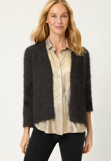 Olsen Black Long Sleeve Fluffy Cardigan – Soft Open V-Neck Knit 11004765