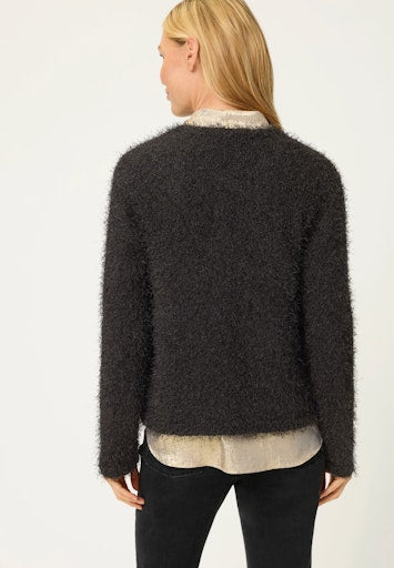 Olsen Black Long Sleeve Fluffy Cardigan – Soft Open V-Neck Knit 11004765