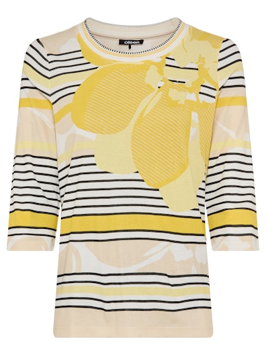 Olsen Yellow Floral & Stripe T-Shirt – Round Neck, Half Sleeve 11105326