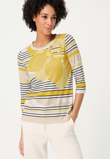 Olsen Yellow Floral & Stripe T-Shirt – Round Neck, Half Sleeve 11105326