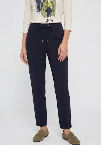 Olsen Dark Navy Cropped Straight Leg Trousers with Pull-On Drawstring Waist