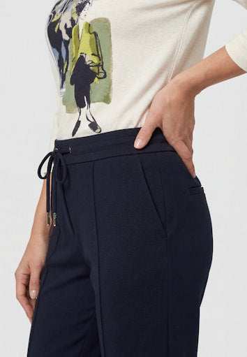 Olsen Dark Navy Cropped Straight Leg Trousers with Pull-On Drawstring Waist