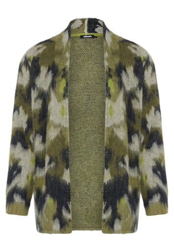 Olsen Moss Green Patterned Open Cardigan with Scarf Collar