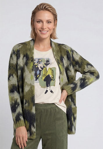 Olsen Moss Green Patterned Open Cardigan with Scarf Collar