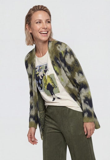 Olsen Moss Green Patterned Open Cardigan with Scarf Collar