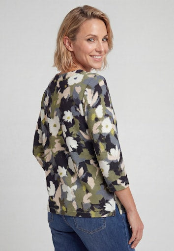 Olsen Moss Green Floral Print Sweatshirt with Crew Neck 3/4 Sleeve