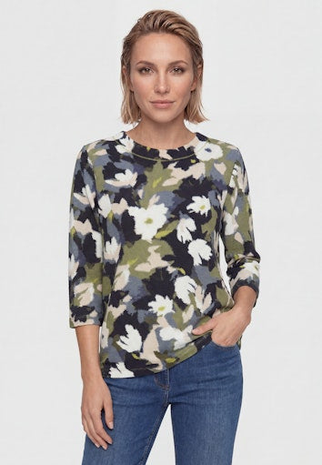 Olsen Moss Green Floral Print Sweatshirt with Crew Neck 3/4 Sleeve