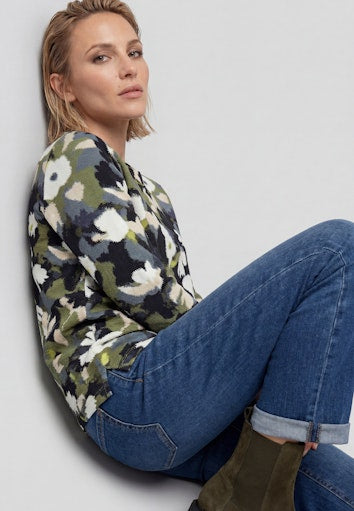Olsen Moss Green Floral Print Sweatshirt with Crew Neck 3/4 Sleeve