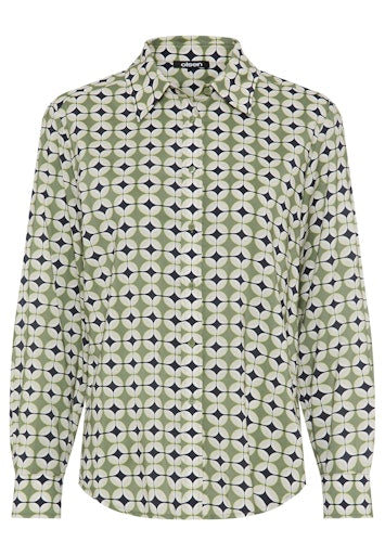 Olsen Moss Green Graphic Print Viscose Shirt Button-Up Long Sleeve