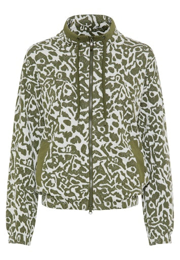 Olsen Olive Green Patterned Zip-Up Top with Drawstring Neck and Pockets
