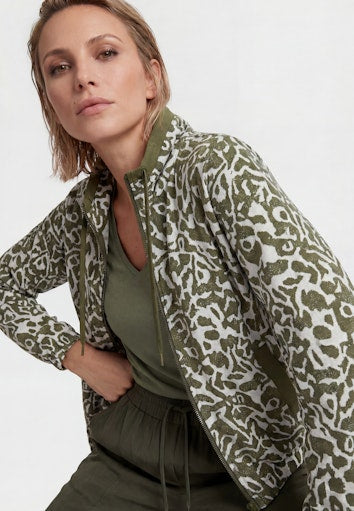 Olsen Olive Green Patterned Zip-Up Top with Drawstring Neck and Pockets