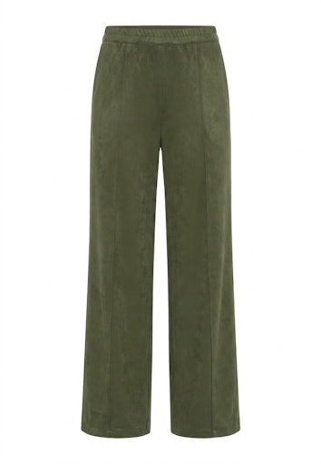 Olsen Olive Green Faux Suede Straight Leg Trousers with Pull-On Elasticated Waist