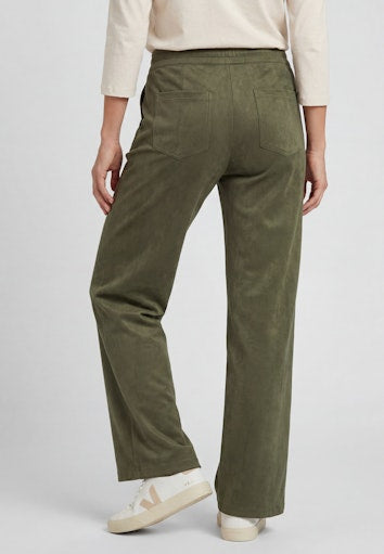 Olsen Olive Green Faux Suede Straight Leg Trousers with Pull-On Elasticated Waist