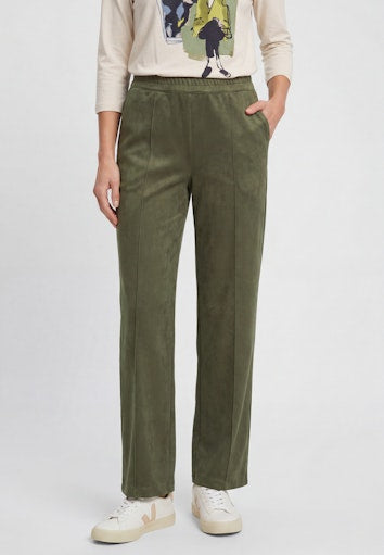 Olsen Olive Green Faux Suede Straight Leg Trousers with Pull-On Elasticated Waist
