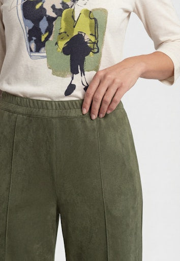 Olsen Olive Green Faux Suede Straight Leg Trousers with Pull-On Elasticated Waist