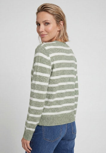 Olsen Moss Green Mélange Stripe Sweater with Round Neck