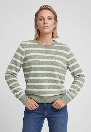 Olsen Moss Green Mélange Stripe Sweater with Round Neck
