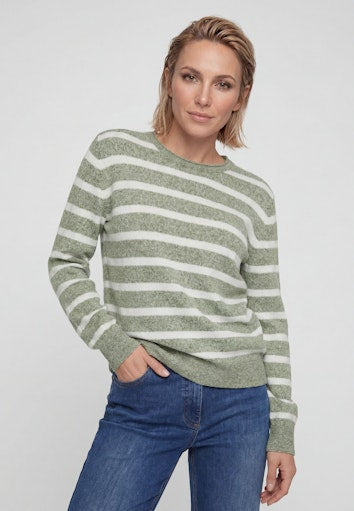 Olsen Moss Green Mélange Stripe Sweater with Round Neck