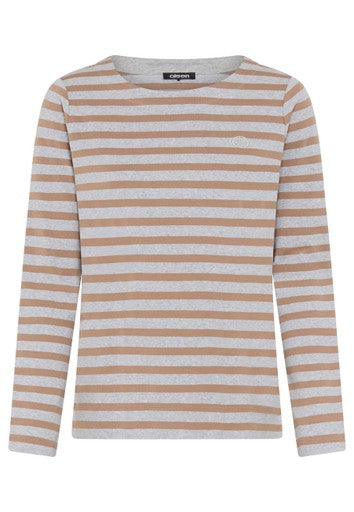 Olsen Hazelnut & Grey Stripe Crew Neck Long Sleeve