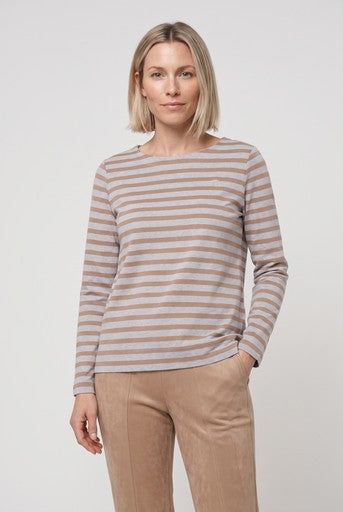 Olsen Hazelnut & Grey Stripe Crew Neck Long Sleeve