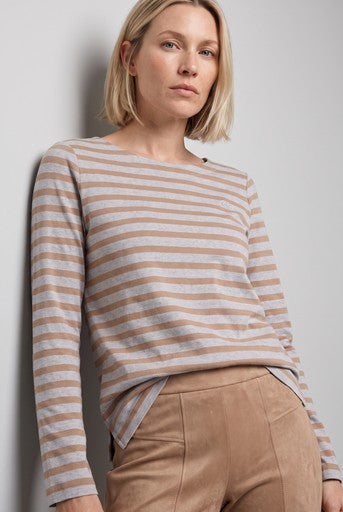 Olsen Hazelnut & Grey Stripe Crew Neck Long Sleeve