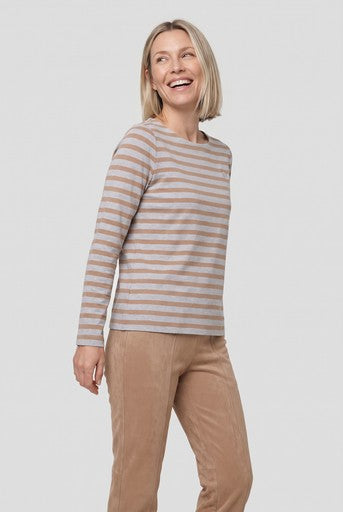 Olsen Hazelnut & Grey Stripe Crew Neck Long Sleeve
