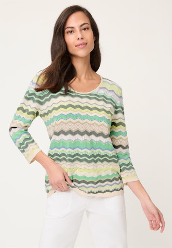 Olsen Khaki & Multi Wavy Stripe Top with Round Neck