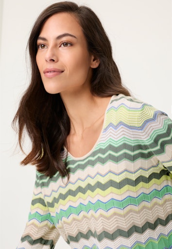 Olsen Khaki & Multi Wavy Stripe Top with Round Neck