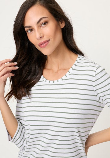 Olsen Fine Khaki Stripe Cotton T-Shirt with Round Neck