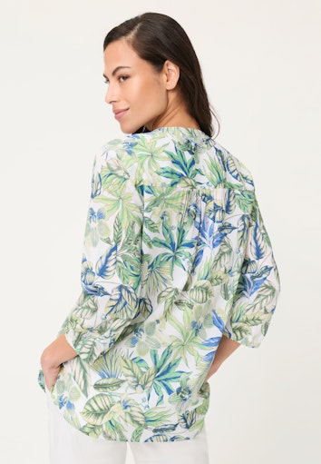 Olsen Jade Leaf Print Blouse with 3/4 Sleeve, Button Front, Mandarin Collar 12002198