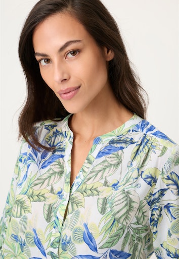 Olsen Jade Leaf Print Blouse with 3/4 Sleeve, Button Front, Mandarin Collar 12002198