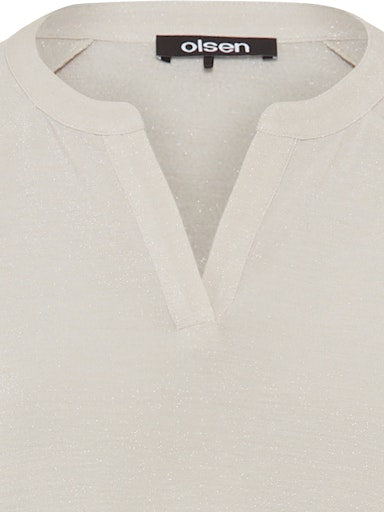 Olsen Long Sleeve Open Neck Lurex Top in light beige 11105246