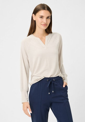Olsen Long Sleeve Open Neck Lurex Top in light beige 11105246
