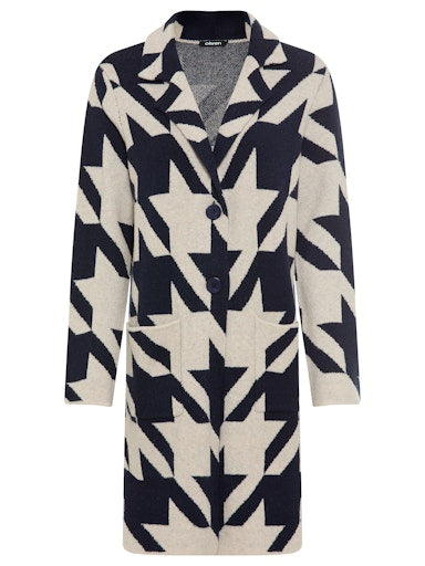Olsen Long Cardigan in Ink Blue and Beige Bold Graphic Pattern 11004783