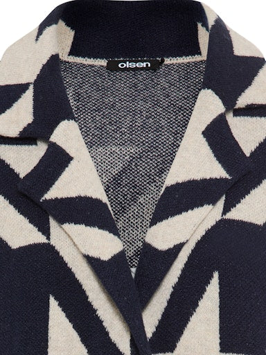 Olsen Long Cardigan in Ink Blue and Beige Bold Graphic Pattern 11004783