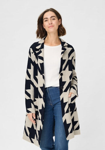 Olsen Long Cardigan in Ink Blue and Beige Bold Graphic Pattern 11004783
