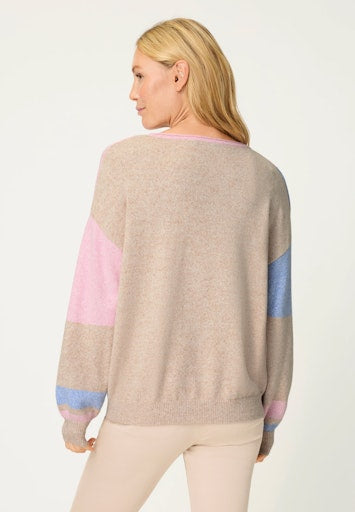 Olsen Soft Pink, Blue & Toffee Colour-Block Jumper with Rolled Round Neckline 11004811