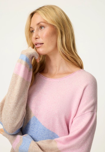 Olsen Soft Pink, Blue & Toffee Colour-Block Jumper with Rolled Round Neckline 11004811