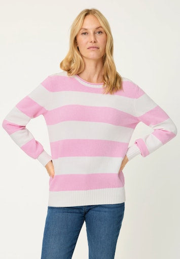 Olsen Pink & Cream Bold Stripe Sweater with Rolled Round Neck in a Relaxed Fit 11004791