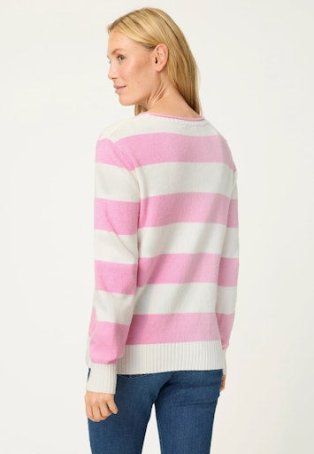 Olsen Pink & Cream Bold Stripe Sweater with Rolled Round Neck in a Relaxed Fit 11004791