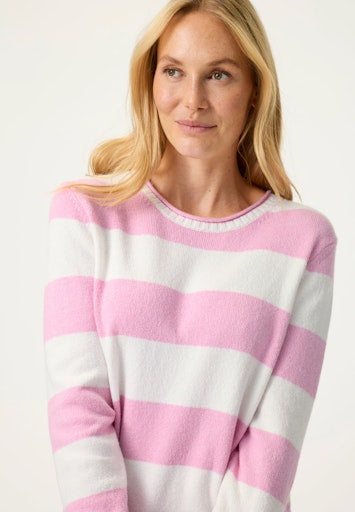 Olsen Pink & Cream Bold Stripe Sweater with Rolled Round Neck in a Relaxed Fit 11004791
