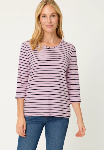 Olsen Pink Stripe 3/4 Sleeve Round Neck Cotton T-Shirt 11105298