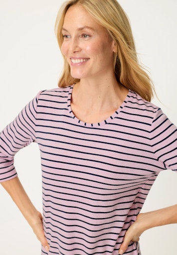 Olsen Pink Stripe 3/4 Sleeve Round Neck Cotton T-Shirt 11105298