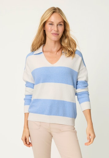 Olsen Bold Blue & White Stripe V-Neck Collar Sweater 11004796