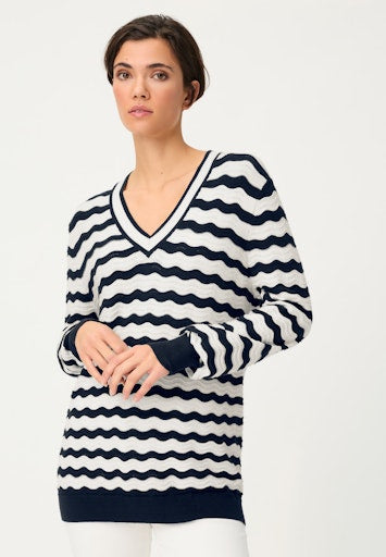 Olsen Blue & White Wave Stripe Sweater – V-Neck, Long Sleeve  with Ribbed Trims 11004829