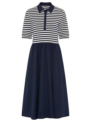 Olsen Ink Midi Dress, Shirt Collar, Part Button Front, Short Sleeve, Striped Bodice & Plain Skirt